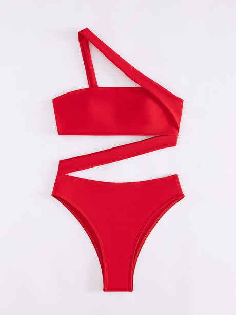 Cikini-One-Piece Swimsuit for Women, Strapless Straps, Slanted Shoulder, Beach Swimwear, Bathing Suit, Monochromatic, Summer