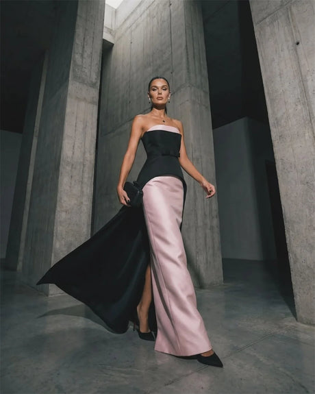 Sansa Customized Contrast Color Strapless Satin Evening Dress Black Pink Patchwork Waist Bow Long Side Train Wedding Guest Gown