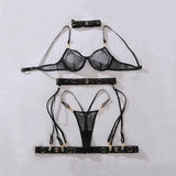 2026 Fashion Heavy Crafted Metal Decorative Lingerie Set with Buckle Women Mesh Transparent Bra Lady Sexy Body Shaping Underwear