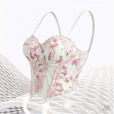 Retro White Mesh Corset Women Gothic Thin Strap Sweetheart Pink Floral Embroidery Waist Shaper Elegant Wear