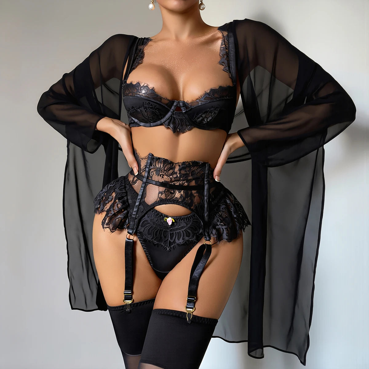 Diccvicc Coquette Slate Blue Lingerie Set 4 Piece Eyelash Lace Satin Bra Peplum Ruffle Garter with Rosebud Thong Women Nightwear
