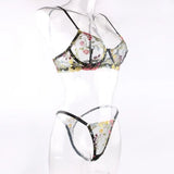 2-Piece Embroidery Lingerie Set Sexy Floral Sheer Wireless Bra Boho Bra Panty Set