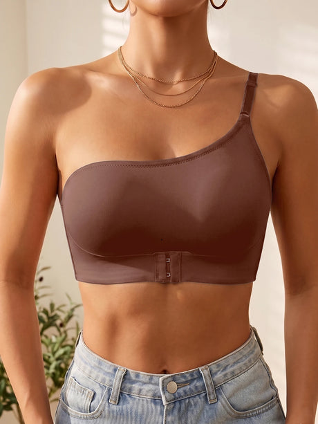 Summer Solid One Shoulder Wireless Women Bra Bralette Front-Clasp Push up Bra Comfort Unpadded Off Shoulder Bras
