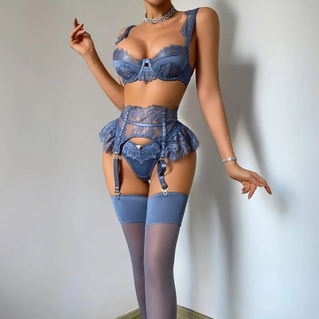 Women's Blue Lace Lingerie Set 4 Piece Bra Panty Garter Belt Stockings Underwire Adjustable Straps Sexy Romantic Nightwear 2026