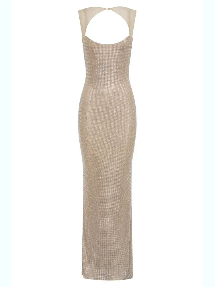 Sexy Square Collar Mesh Patchwork Diamonds Long Dress Women Backless Shiny Rhinestone Slim Dresses Evening Party Cocktail Gowns