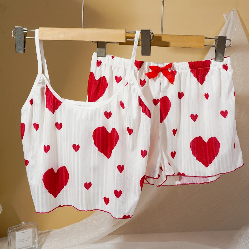 Heart Print Pajama Set Sleeveless Crop Top and Shorts Comfy Sleepwear Loungewear Nightwear Casual Soft T-Shirts Shorts