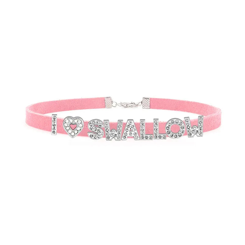 Sexy Rhinestone Letters Hotwife Collar Choker for Women Men DIY Customized Necklaces Pink Suede Leather Cosplay Jewelry Gift