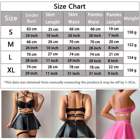 Sexy Metal Chain PU Leather Lingerie Set Women Bra Skirt Garter Belt Crotchles Panties Erotic Role Play Halloween Costume Outfit