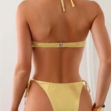 Sexy Underwire Bikini Gold Y2k Shiny Swimsuit Bandeau String Women Swim Suit Push Up Beach Outfit Vacation Swimwear Bathing Suit