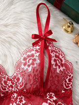 Women Sexy Christmas Lace Lingerie Set Contrast Color Hollow Deep V Bra Bowknot Easy Access Sheer Mesh Two Piece Night Outfit