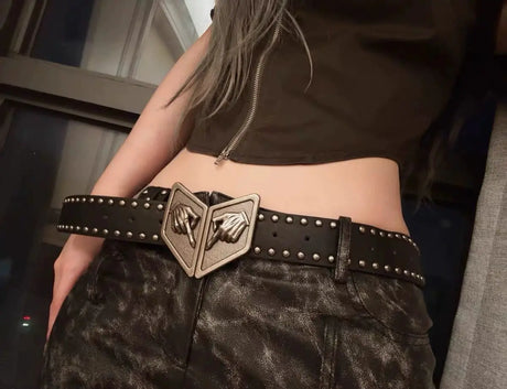 Anime Cosplay Rivet Faux‑Leather Waist Belt Unique Gesture‑shaped Metal Buckle Decor Unisex Punk Trouser Strap Fashion Accessory