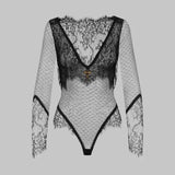 Tornova Erotic Bodysuit Sexy See-through Lace Jumpsuit Black V-neck Long-sleeved Sexy Cute Lingerie Set Tempting Pure Lust Style