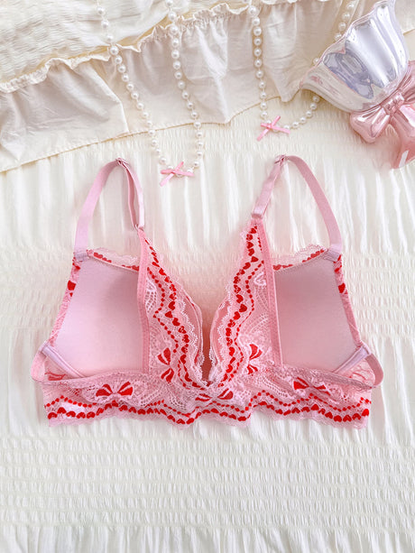 Sweet Lace Trim Splice Love Heart Women Sexy Bras Trendy Lovely Beautiful Back Push Up Ladies Lingerie Comfort Underwire Bra
