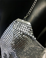 Fashion Metallic Sequins Party Tank Top Sexy Deep V Neck Backless Spaghetti Straps Sling Crop Top 2024 Rave Nightclub Camisole