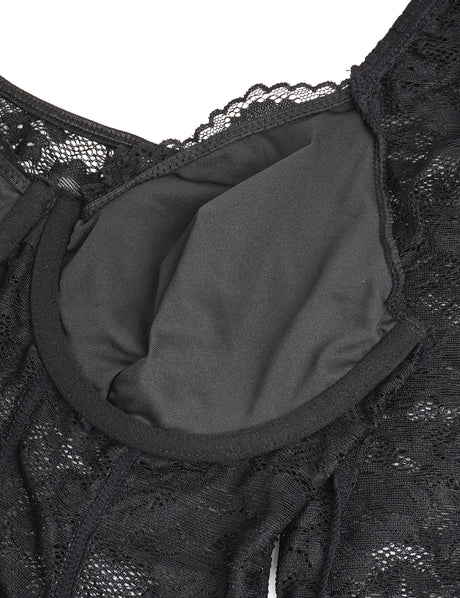Women Sexy Lace Long Sleeve Bodysuit Underwire Square V Neck Open Crotch Clubwear Top Plus Size Snap Closure Teddy Lingerie