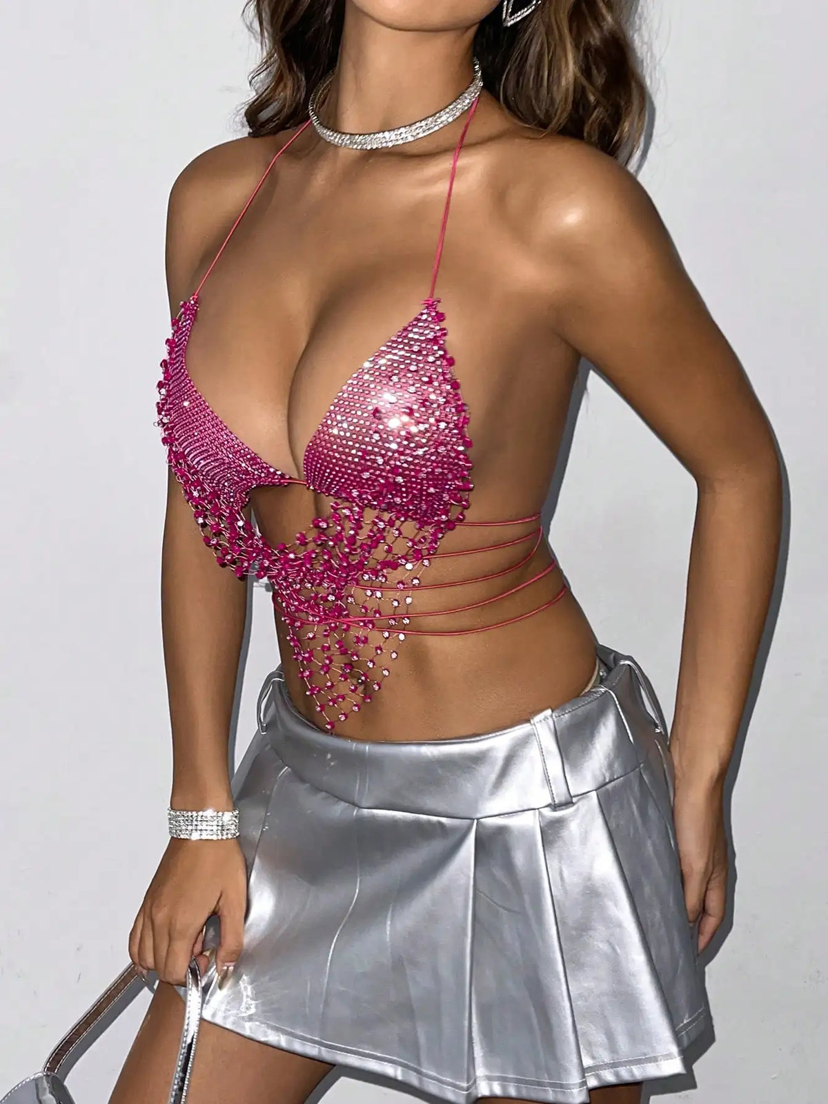 Luxury Shiny Rhinestone Women Tank Top Sexy Hollow Out See Through Fishnet Mesh Backless Camisole Rave Party Nightclub Crop Top
