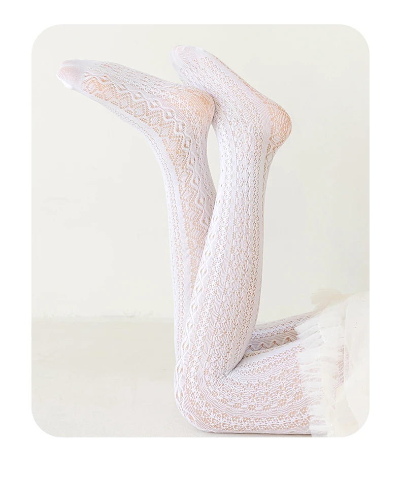 Lolita Girls Vertical Stripe Lace Mesh Pantyhose Cozy Wear Resistant Elastic Knit Elegant Sweet Princess Leggings