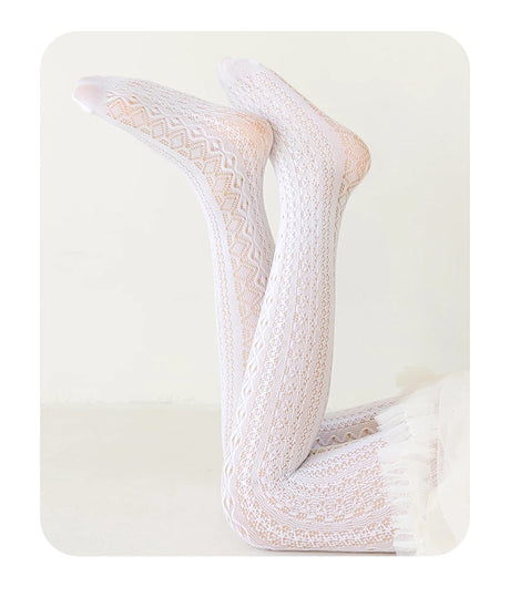 Lolita Girls Vertical Stripe Lace Mesh Pantyhose Cozy Wear Resistant Elastic Knit Elegant Sweet Princess Leggings