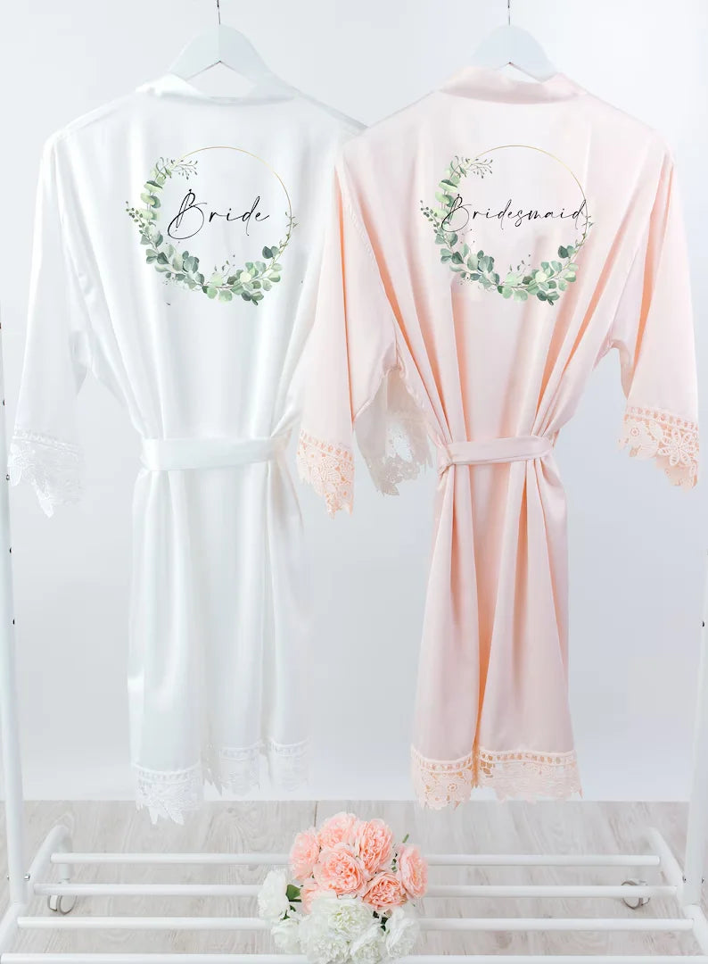 Personalised Sega Floral Wreath Robes Custom Bridal Robe Satin Wedding Bridesmaid Kimono Dressing Gown Bride to be Robe