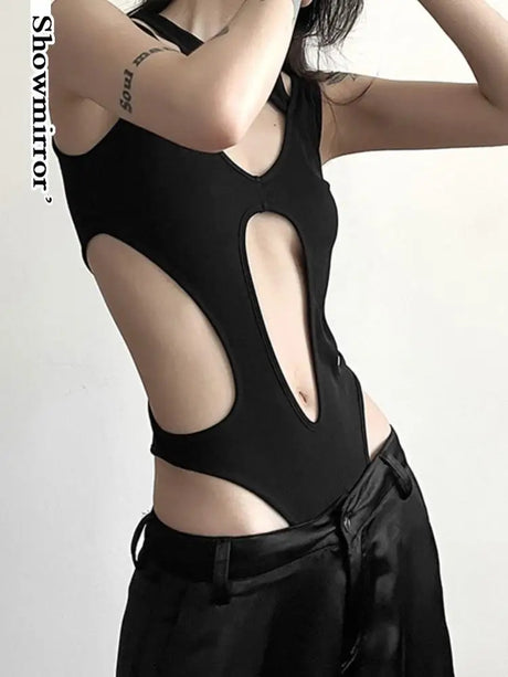 Gothic tops Y2k clothes sexy spicy hollow out bodysuit nigh clubwearr ashion women's patchwork slim fitting jumpsuit top tees