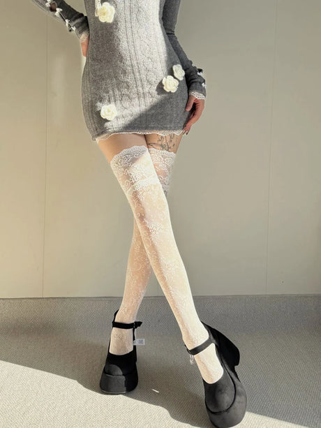 Women Fishnets Stockings Sexy Lace Fishnet Floral Knee High Socks Breathable Hollow-out JK Mesh Lolita Retro Thigh Highs Socks