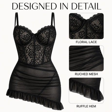Women's Transparent Lace Lingerie Nightdress with Matching Panties, Ruched Ruffle Hem Babydoll Sleepwear, Four Colors S-XL
