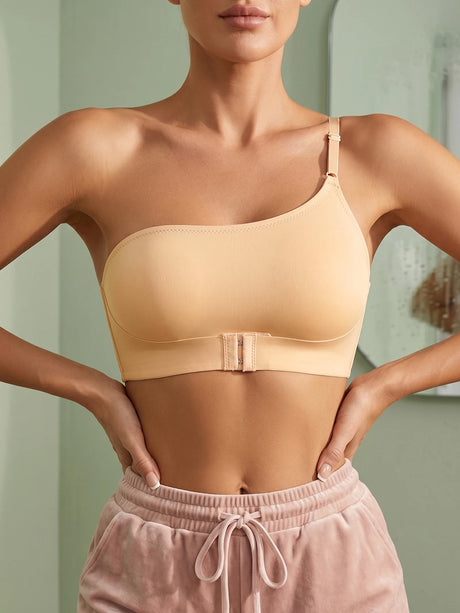 One Shoulder Women Bra Wireless Solid Front-Clasp Push up Bra Non-slip Unlined Comfortable Bra