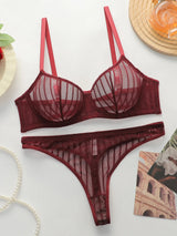 Fashion Stripes Style Lace Lingerie Set Ultra-Thin Red Lace Bra & Thong Sexy Ultra-Thin Underwear Set Ideal Gift for Her MR2864