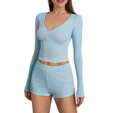Women 2 Piece Pajamas Shorts Set Long Sleeve V Neck Button Down Cropped Tops Sexy Y2k Bodycon Shorts Pjs Loungewear Clothes