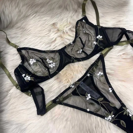 Women Thin Sheer Mesh Lace Bra Set 32‑38 Transparent Floral Embroidery Underwire Anti Sag Push Up Minimizer Big Breast Bra S-XL