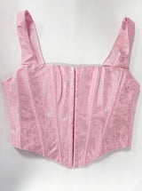 Floral Jacquard Wide Strap Corset Top Front Hook Back Lace Up Square Neck For Women