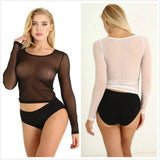 Sexy Women T Shirt See Through Mesh Black Long Sleeve Bodysuit Sheer Slim Turtleneck Tulle Crop Top T-Shirt Transparent Clubwear