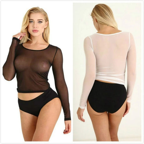 Sexy Women T Shirt See Through Mesh Black Long Sleeve Bodysuit Sheer Slim Turtleneck Tulle Crop Top T-Shirt Transparent Clubwear
