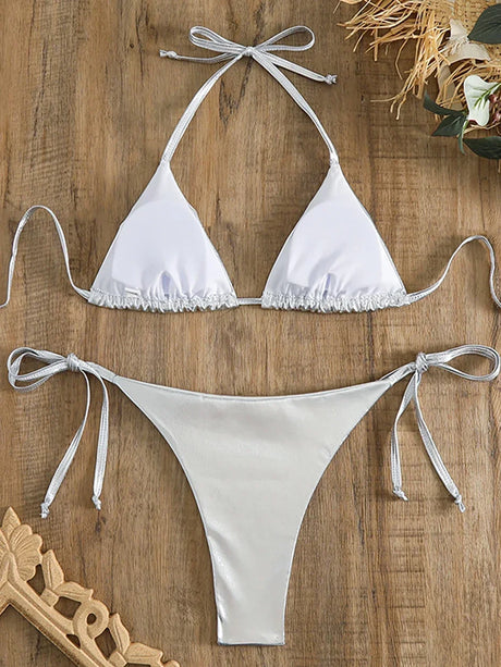 Sexy Metallic Halter Bikinis Sets Lace Up Triangle Tie Side Bikini 2024 Swimsuit Women Swimwear Brazilian Female Bathing Suits