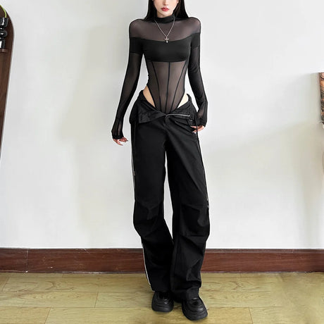 Sexy See Through Bodysuit Women Dark Gothic Streetwear Emo Alternative Grunge Y2k Long Sleeve O-neck High Waist Jumpsuit