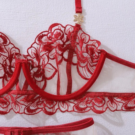 Women's Burgundy Lace Lingerie Set Underwire Bra Thong Panty Garter Straps Stockings Floral Embroidery Sexy Underwear Outfit