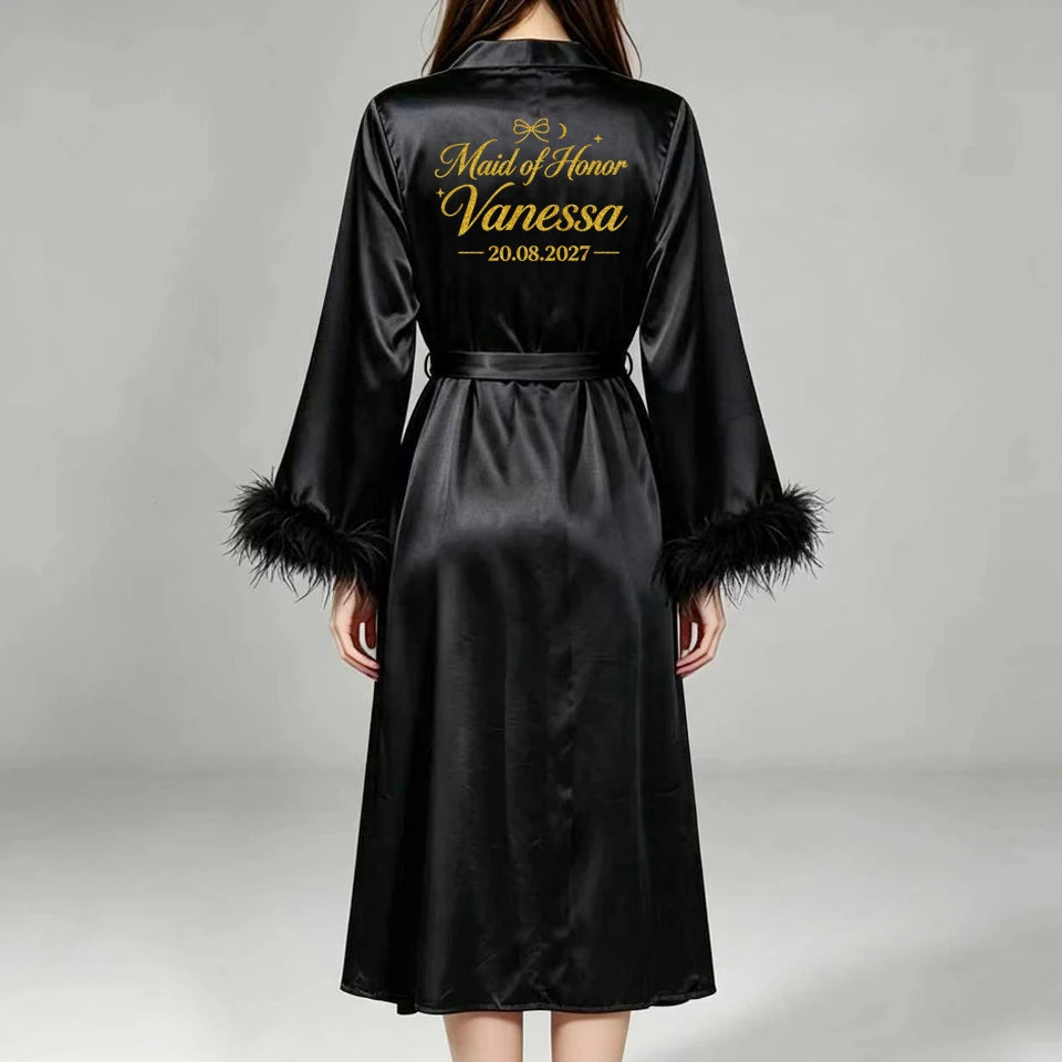 Custom Name Bride Robe Satin Feather Bridesmaid Robes Personalized Wedding Morning Gown Bachelorette Party Bathrobe