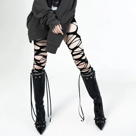 Punk Hollow Fishnet Stockings for Women Spider Web Torn Strap Holes Tights Girls Lolita Ragged Pantyhose Party Socks Pantyhose