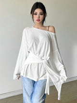 See Through Long Sleeve Oversize T Shirt Women Sexy Back Bandage Off Shoulder Top Female Basic Long Tees Korean Chic Lady New