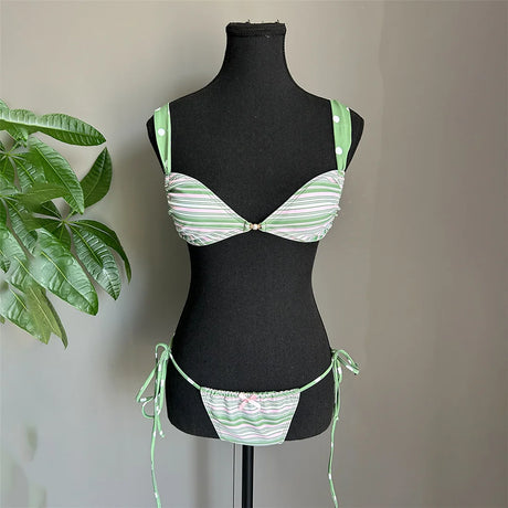 With Sarong Striped Bikini Female Swimsuit Women Swimwear Bather Bathing Suit Swim Three-pieces Bikini Set Strappy Padded K8453
