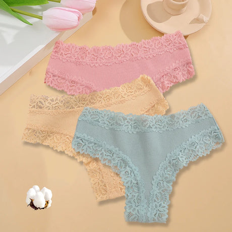 3PCS/Set Sexy Lace Seamless Cotton Brazilian Panties Women Ribbed Intimates Breathable Panties Low Waist Female Cotton Underwear
