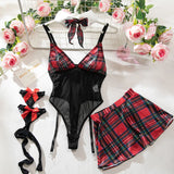 Toucheart Halloween Maid Costume Cosplay Red Plaid Uniform with Net Sock Slim Skirt Interesting Seductive Romantic Underwear Set