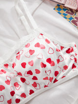 Heart Print Lace Trim Lingerie Set for Women Wireless Bandeau Bra Adjustable Strap Thong