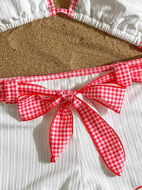 Women 2 Piece Swimwear Ribbed Bikini Gingham Trim Halter Triangle Top Bow High‑Waisted Bikinis Boyshort Summer Beach Swimsuit