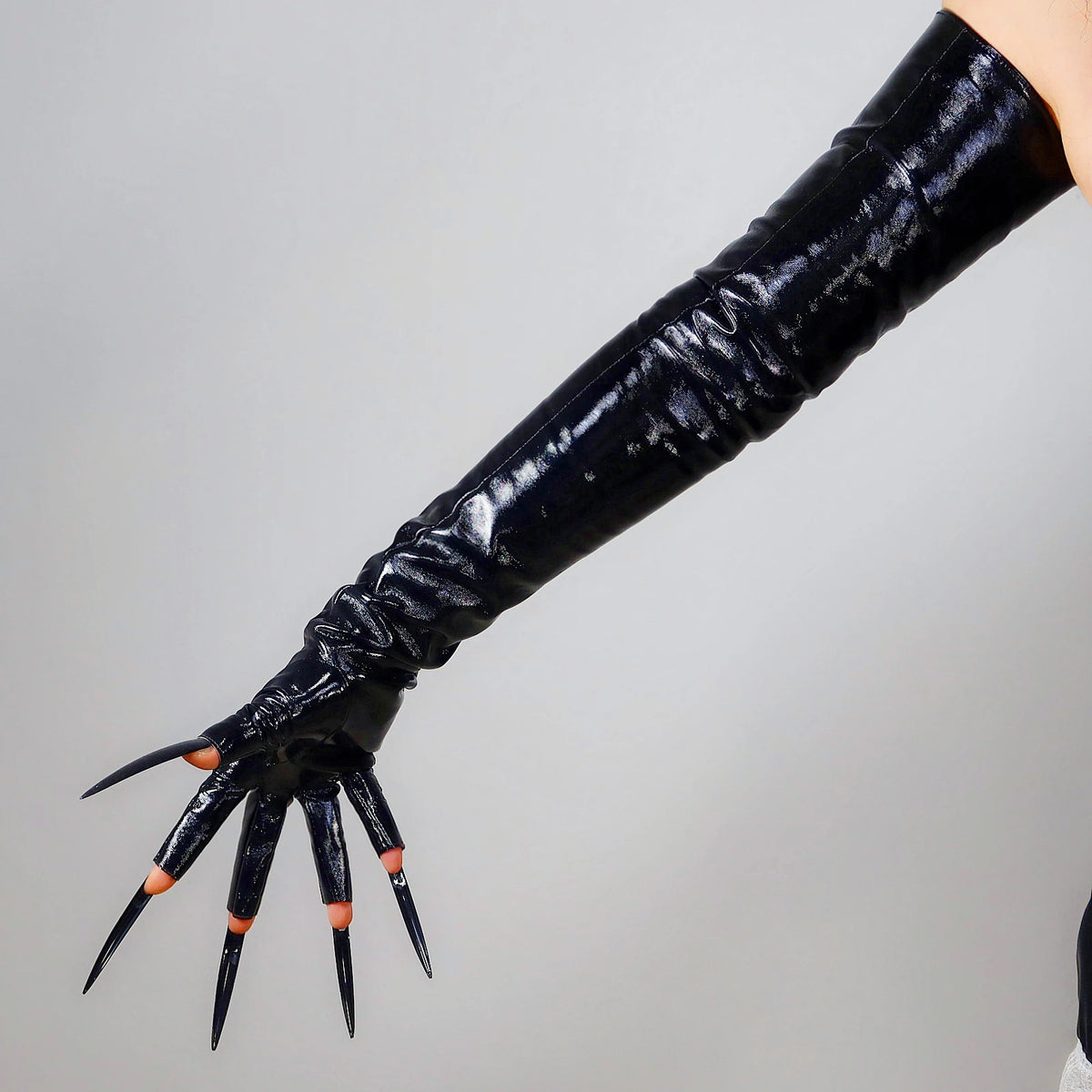 Oil Glossy Black Long Leather Fingerless GLOVES for Long Nails Half Finger 70cm Faux PU Fashion Evening Role Play Cosplay Glove