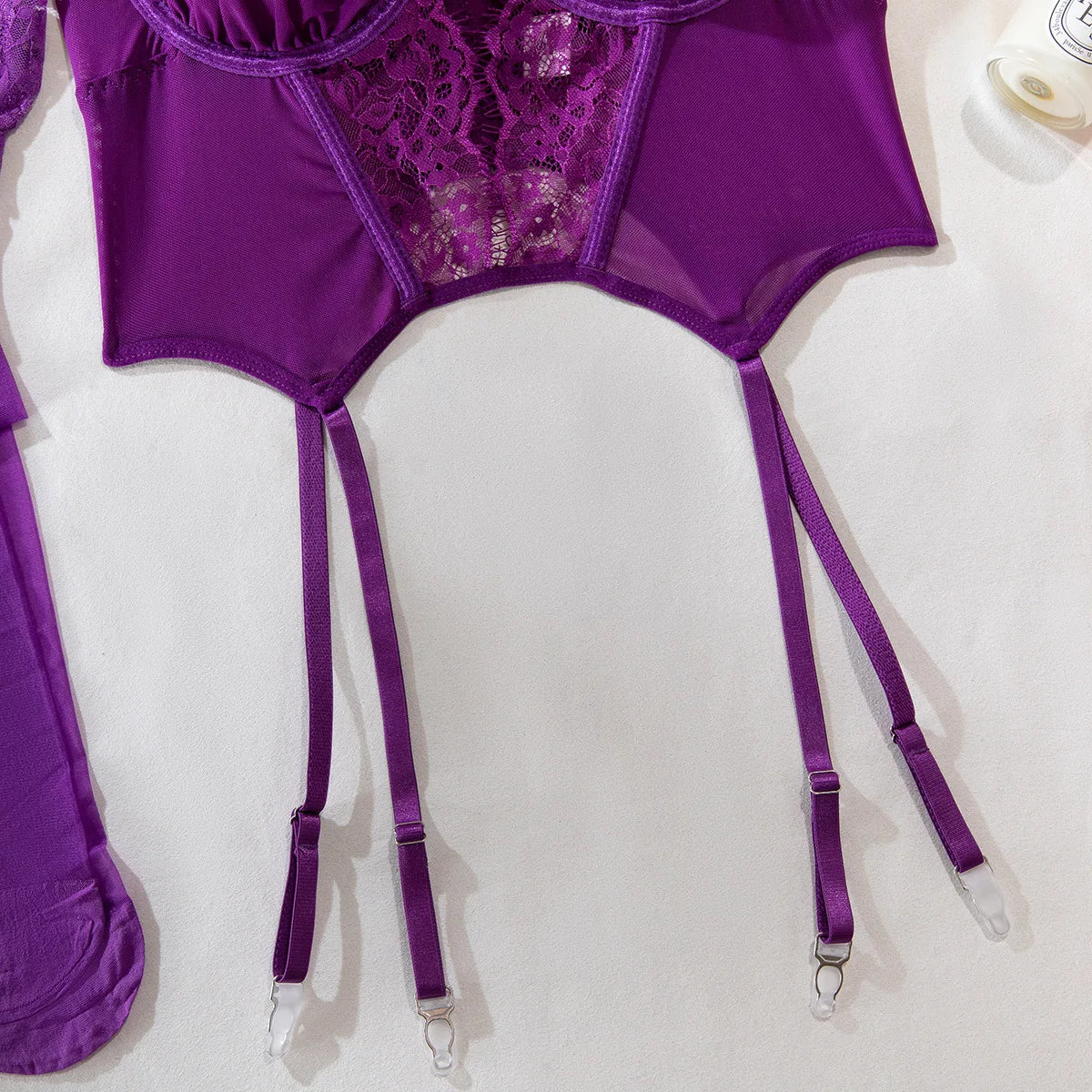 Sexy Purple Eyelash Lace Lingerie Set 3Pcs Mesh Transparent Fishbone Bustier Bra Panty with Stockings Sensual Underwear