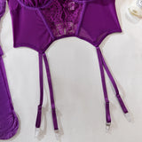 Sexy Purple Eyelash Lace Lingerie Set 3Pcs Mesh Transparent Fishbone Bustier Bra Panty with Stockings Sensual Underwear