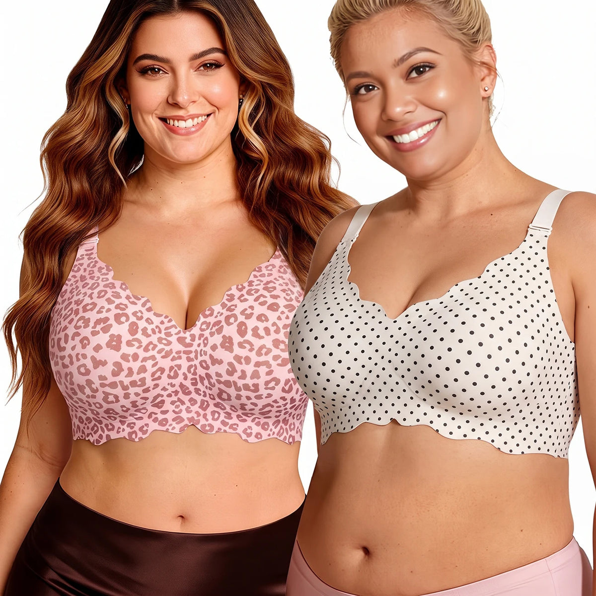Bras for Women No Underwire Scalloped Wireless Push Up Bra Seamless Full Coverage Supportive Plus Size Tshirt Bra, Soft Breathable Comfortable Bralette, Leopard & Polka Dot Print Ice Silk Bra