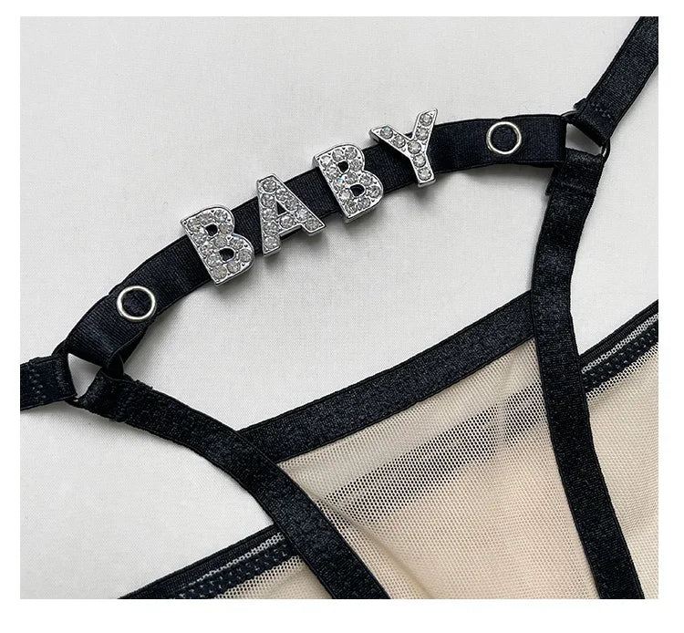 Baby Rhinestone Letter Sexy Thongs Women's Mesh Breathable Thin Perspective Underwear Low Waist Hollow Out Erotic Briefs String
