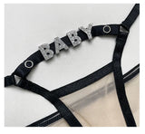 Baby Rhinestone Letter Sexy Thongs Women's Mesh Breathable Thin Perspective Underwear Low Waist Hollow Out Erotic Briefs String